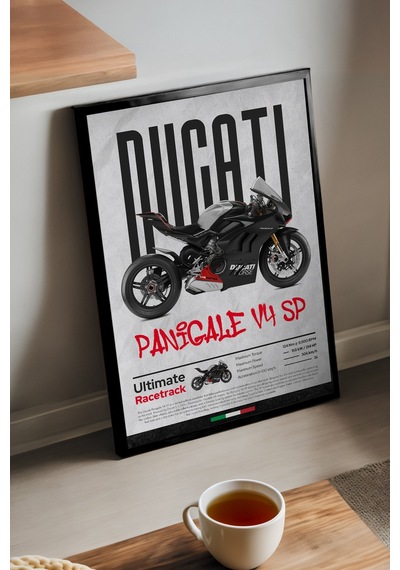 Ducati Panigale V4 Sp Siyah Ahşap Çerçeveli Poster, Dekoratif Motosiklet Duvar Tablosu Çok Renkli