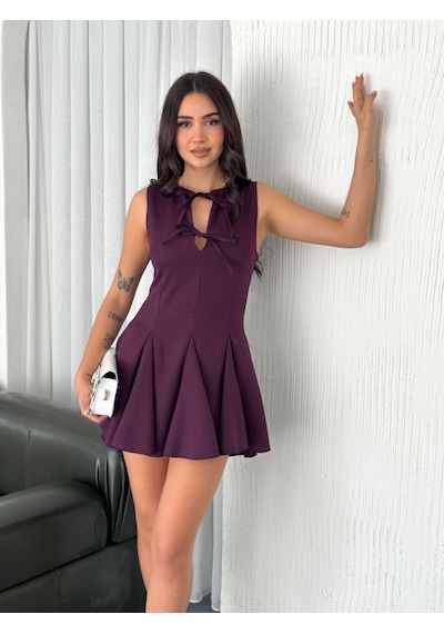 Hazego Göğüs Bağlamalı Kolsuz Mini Boy Elbise - Gül Kurusu Gülkurusu