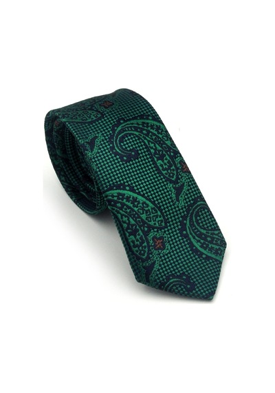 Gaffy Zümrüt Yeşil Şal Desenli Lacivert Dokuma Kumaş Mendilli Slim Fit Kravat // Sdk-2606-5 Yeşil