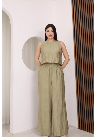Famoda Haki Sırtı Çapraz Bağcıklı Crop Bluz & Yüksek Bel Palazzo Pantolon Alt Üst Takım