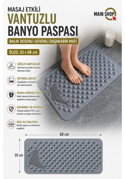 Mainshop 1 Adet Vantuzlu Banyo Ve Duş Kaydırmazı Duşa Kabin Küvet Içi Paspası Balık Desenli 35 X 68 Cm M-10 Gri