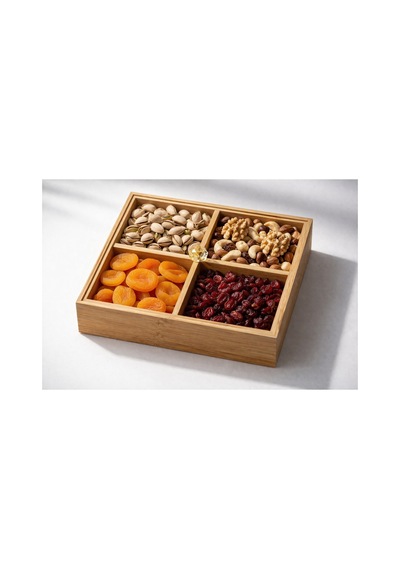 4 Bölmeli Ahşap Organizer,çerezlik,lokumluk,kahvaltılık,çay Poşeti,takı Kutusu,20x20 Cm,kulplu Kutu Bej