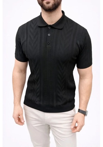 Erkek Yazlık Triko Tişört Kısa Kol Polo Yaka Düğmeli T-shirt - Siyah