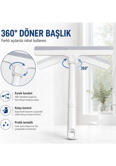 Sogud Viscomop 360 Döner Başlıklı Cam Çek - Silikon Uçlu Duşakabin Çekçek - Banyo Ayna Pencere Fayans Ve Araç Camı İçin İz Bırakmayan Su Sıyırıcı Temizlik Aparatı Açık Gri