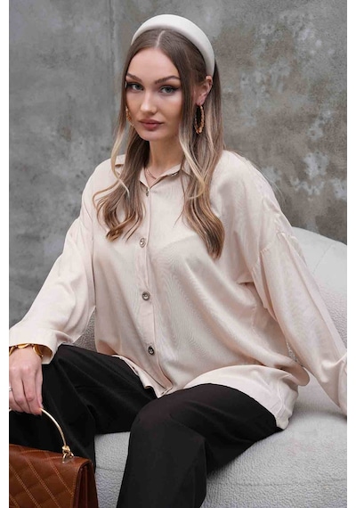 Polologin Butik Dökümlü Uzun Bej Gömlek Ekru