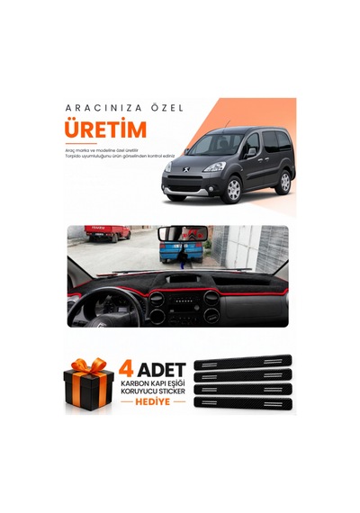 Peugeot Partner Ekranlı Kpksız 2010-2014 Uyumlu Torpido Koruma Örtüsü Oto Kılıfı - Siyah Kırmızı