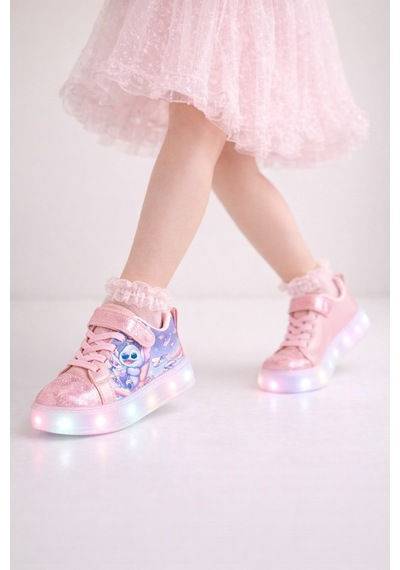 Kız Çocuk Desenli Işıklı Led Tabanlı Simli Cırt Cırtlı Sneaker Mavi