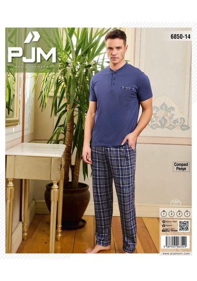 Pijamoni Erkek Düğme Yaka Kısa Kol Pijama Takımı 6850/14 - 1 Adet Saks