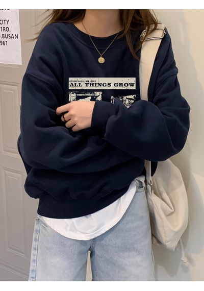 Uyguntarz Unisex All Things Grow Baskılı Oversize Sweatshirt Lacivert