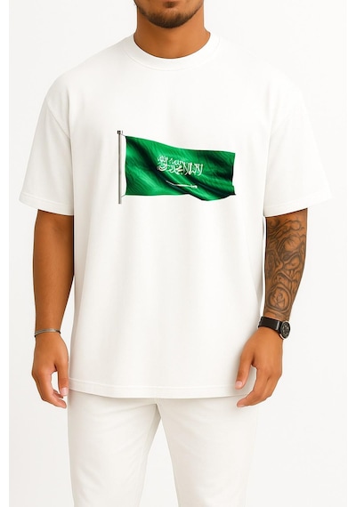 Bahriyeli Collection Oversize Suudi Arabistan Bayrak Göğüs Tasarımlı Unisex T-shirt Beyaz