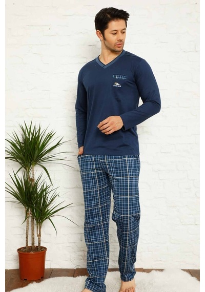 Farya Home Dreamy Ekoseli Kısa Kollu V Yaka Cepli Erkek Pijama Takımı Lacivert Beyaz Beyaz - Lacivert