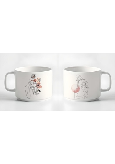 Çay Kahve Espresso Fincanı Minimal18 Çizgisel Kadın 2'li Fincan Seti Kupa 180 Ml Beyaz