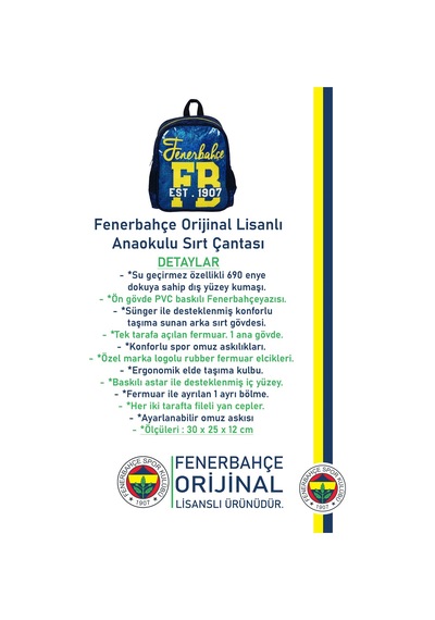 Fenerbahçe Orijinal Lisanslı Anaokulu Çantası Fb Sarı Lacivert Çanta Sarı - Lacivert