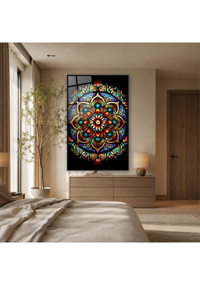 Siyah Fonda Vitray Renklerinde Detaylı Simetrik Mandala Siyah Çerçeveli Cam Tablo