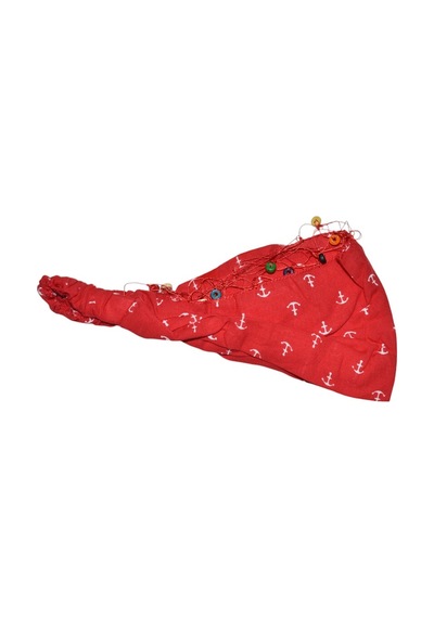 Lastikli Bandana Paraşüt Model Saç Bandı Boncuklu Çapa Desenli Kırmızı