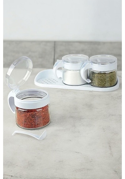 Cam Baharatlık 3 Lü Set 300ml Kaşıklı Beyaz