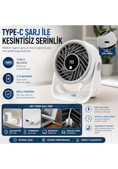 Masaüstü Usb Fan, 200 Kademeli Dijital Hız Ayarlı Mini Vantilatör, Type-c Şarjlı, Led Ekranlı, Sessiz Çalışma