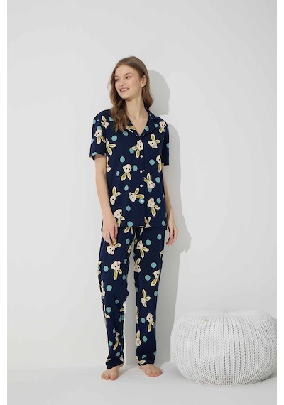 Siyah İnci Pamuklu Likralı Düğmeli Pijama Takım Lacivert