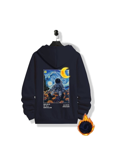 Medinenur Astronot Arka Baskılı Kapüşonlu Sweatshirt Lacivert