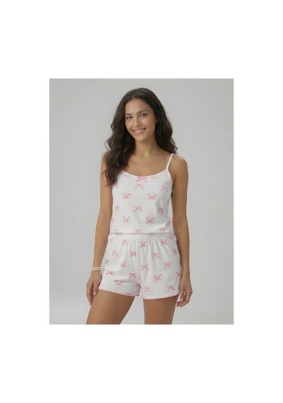 Mh Moony Homewears Pembe Fiyonk Pamuklu Yumuşacık Şortlu Pijama Takımı Ekru Pembe