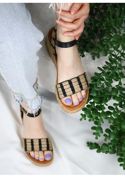 Asmi Shoes Hasır Detaylı Mantar Taban Ortopedik Taban Sandelet Siyah Siyah