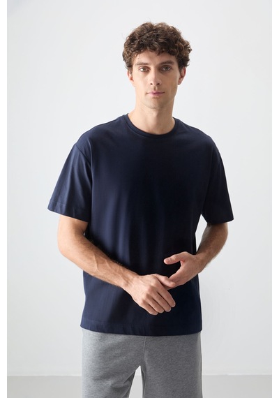 Oversize Fit Basic 3lü Paket Lacivert-açık Mavi-parlament Erkek T-shirt - 88353 Lacivert - Açık Lacivert - Beyaz