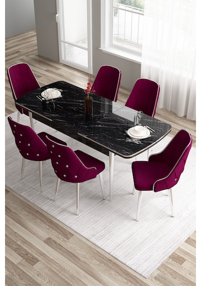 Canisa Tia Serisi 80x132 Mdf Açılabilir Siyah Mermer Desen Krom Detay Mutfak Masası Ve 6 Mürdüm Sandalye Masa Siyah Mermer Desen Sandalye Mürdüm Canisa Tia Serisi 80x132 Mdf Açılabilir Siyah Mermer Desen Krom Detay Mutfak Masası Ve 6 Mürdüm Sandalye Masa Siyah Mermer Desen Sandalye Mürdüm