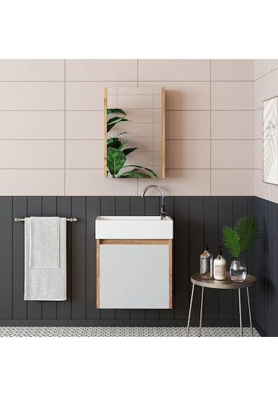 Roomart Ayaksız Tek Kapaklı Lavabolu 50cm Banyo Dolabı A.çam-beyz Atlantik Çam - Beyaz