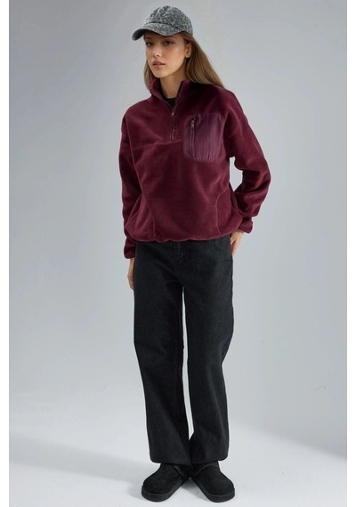 Hiccup Busem Fermuarlı Yakalı Peluş Örme Sweatshirt, Cepli Bordo Kırmızı