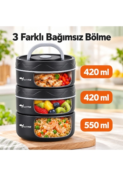 Valkyrie 3 Katlı Taraftar 304 Paslanmaz Çelik Yemek Termosu 420+420+550ml Isı Yalıtımlı Çantalı Siyah