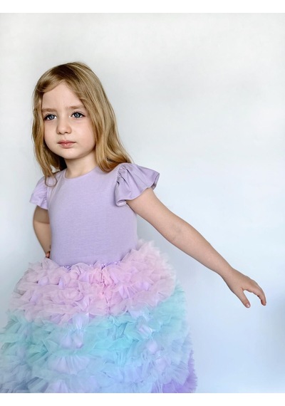 Linola Baby Kids Rainbow Tütü Etekli Kısa Kollu Çocuk Elbisesi Lila