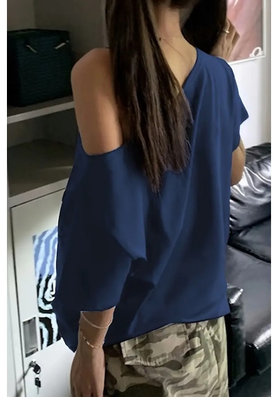 Lacivert Kadın Düşük Omuz Kayık Yaka Oversize T-shirt Lacivert