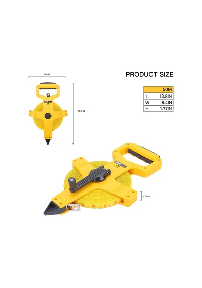 Açık Makara Fiberglas Şerit Metre, 165 Ayak Mezurası, Mühendisler, Dış Mekan, Atletik Alanlar İçin İnç/metrik Ölçek, Darbeye Dayanıklı Abs Kabuk 165 Ft/50 M