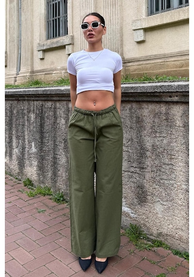 Madmext Haki Beli Büzgülü Wide Leg Kumaş Pantolon Mg1950 Haki