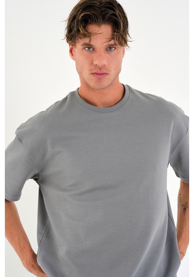 Blank Unisex Oversize Geniş Kesim Tişört %100 Pamuk Kalın Dokulu Bisiklet Yaka T-shirt Füme