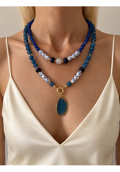 El Yapımı Mavi Kalsedon, Lapis Lazuli & Akik Doğal Taşlı Kolye Seti