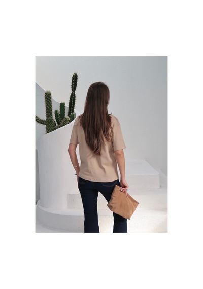 Paw Garage Kadın Massi İnterlok Kumaş V Yaka Oversize T-shirt Bej
