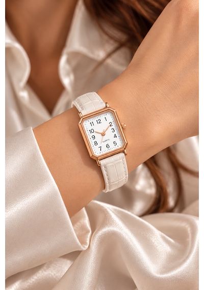 Kadın Kol Saati Rose Gold Kasa, Deri Kordon Beyaz