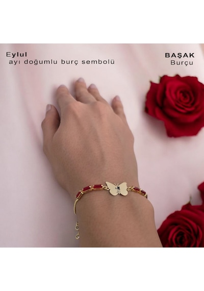 Archin Başak Burçları İçin 14 Ayar Altın Plakalı Kelebek Motifli Kırmızı Taşlı Hediye Bileklik-346burç Altın
