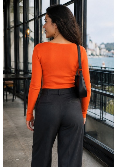 Armonika Kadın Oranj Kare Yaka Likralı Triko Bluz Arm-26k069002