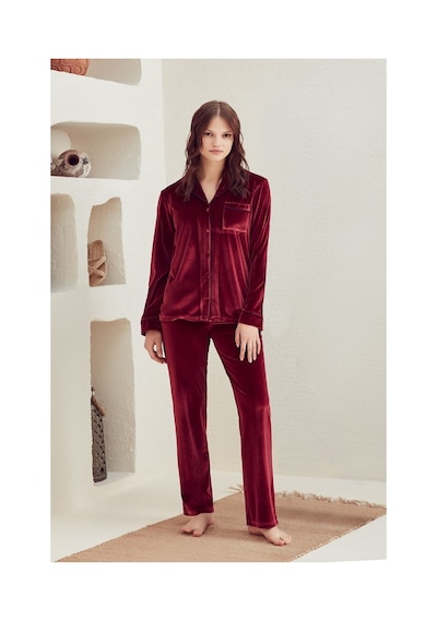 Eros Eros 29660 Kadın Bordo Kadife Önden Düğmeli Gömlek Pijama Takımı