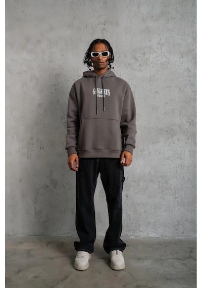 Erkek 3 İplik Pamuklu Baskılı Kapüşonlu Cepli Sweatshirt Hoodie - Gri