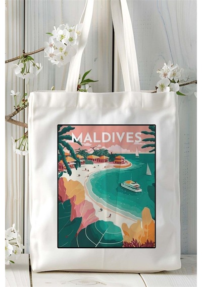 Art Hediye Maldives Maldivler Baskılı Bez Çanta Omuz Çantası Kişiye Özel Desen Çok Renkli