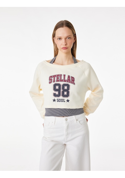 Koton Rahat Kalıp Uzun Kollu Boyundan Bağlama Detaylı Crop Baskılı Sweatshirt Ekru 6sal10378ık