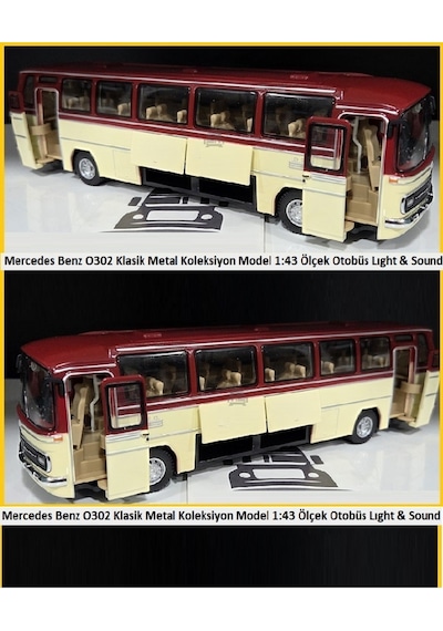 1:24 Ölçek 25 Cm Mercedes-benz O302 Sesli Işıklı Metal Model Otobüs Bordo