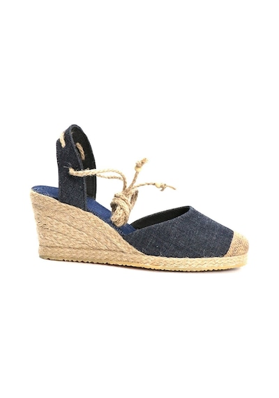 Star Tombis Gerçek Elişi Topuğu Açık Bilekten Bağlamalı Bej Dolgu Topuk Keten Hasır Espadril Handmade Mavi