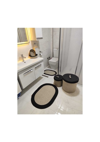 Jüt Hasır 6 Lı Banyo Paspas Takımı Bohem Tarzı Paspas:50x80/ 40x60 /çamaşır Sepet 40x36 ,25x28 Taş Siyah Taş Siyah