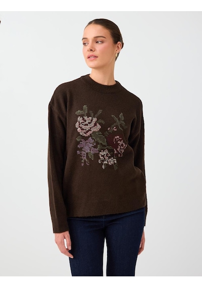 Jimmy Key Acı Kahve Floral Desenli Kroşe Detaylı Triko Kazak 6ww137817803 Kahverengi