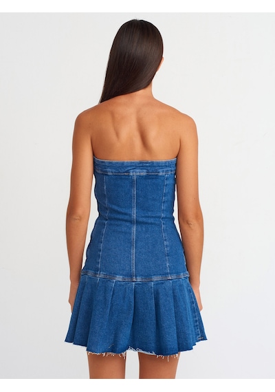 Dilvin Pileli Straplez Denim Elbise Mavi
