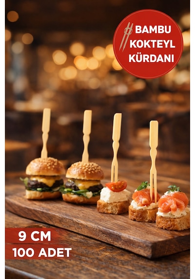 100 Adet Bambu Çatallı Kürdan 9 Cm Kokteyl Kürdanı Aperatif Sunum Kürdanı Mini Burger Kürdanı